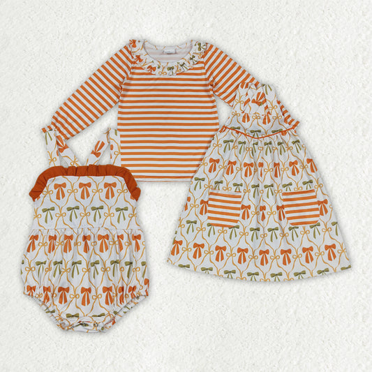 Sibling Baby Girls Stripe Orange Bows Rompers Outfits Clothes Sets
