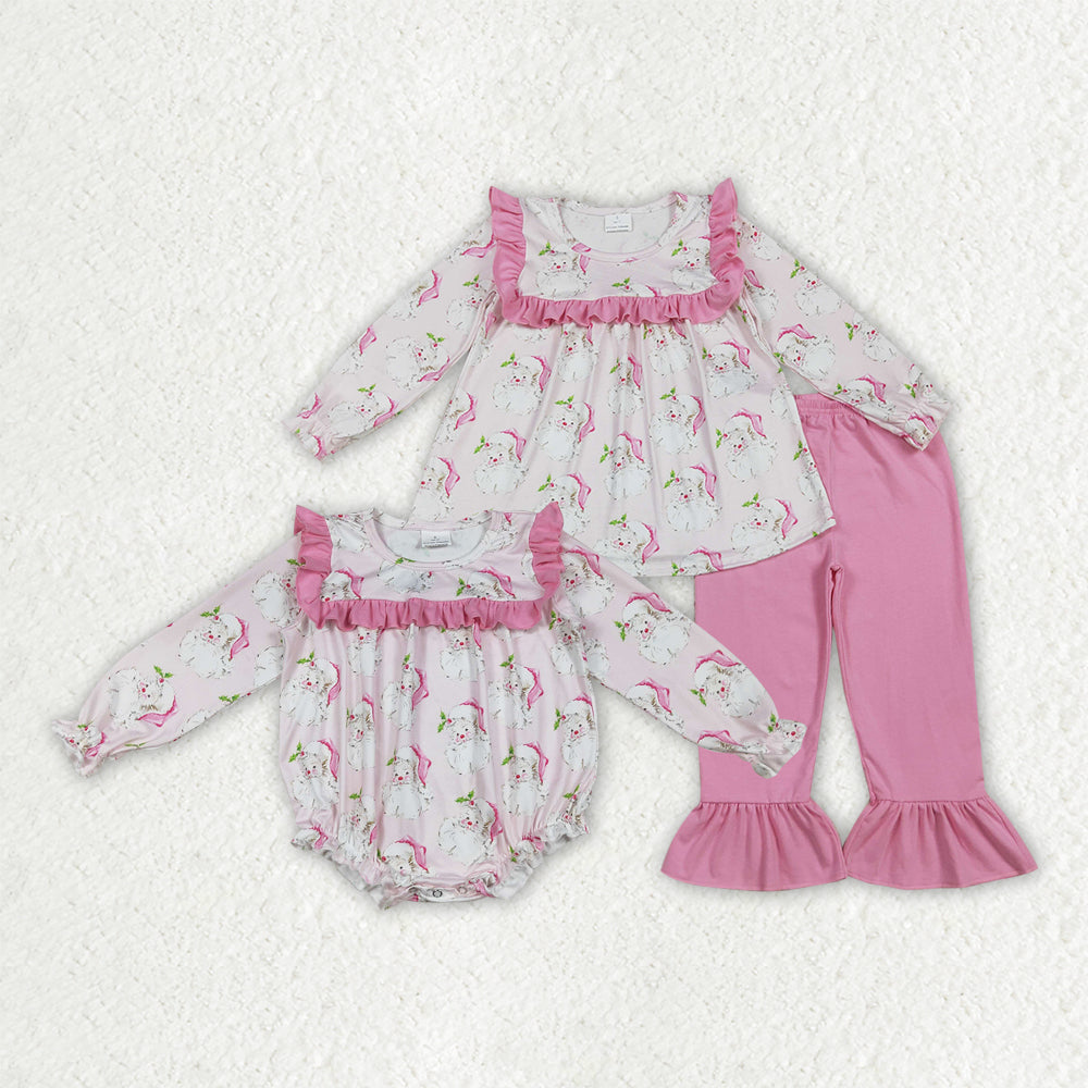 Sibling Baby Girls Christmas Pink Santa Rompers Outfits Sets