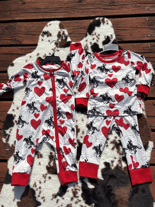 Sibling Baby Boys Valentines Rodeo Hearts Rompers Pajamas Sets