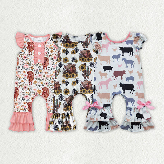 Sibling Baby Girls Western Highland Cow Romper