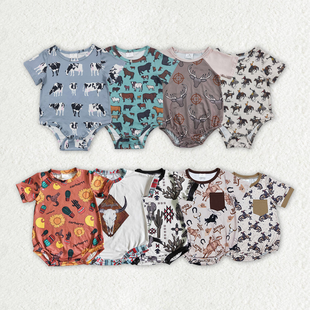 Sibling Baby Boys Western Cows Short Sleeve Summer Rompers