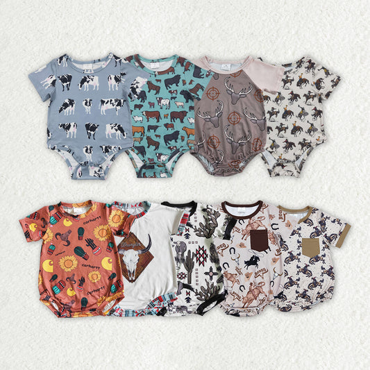 Sibling Baby Boys Western Cows Short Sleeve Summer Rompers
