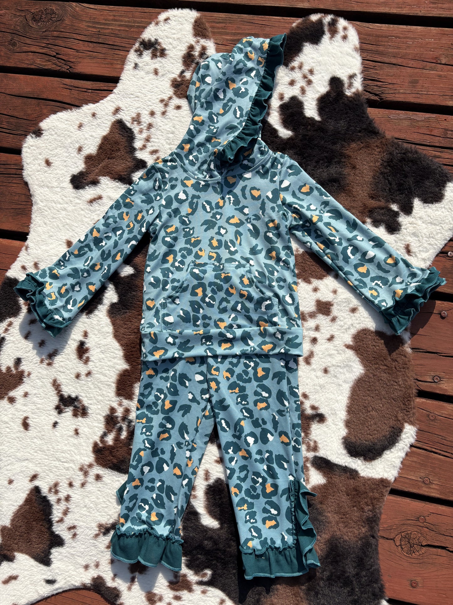Baby Girls Green Leopard Hooded Top Flare Pants Clothes Sets