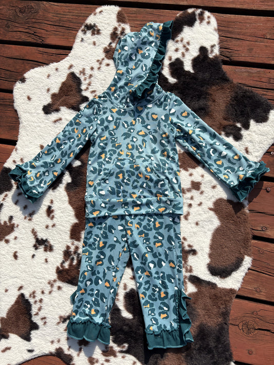 Baby Girls Green Leopard Hooded Top Flare Pants Clothes Sets