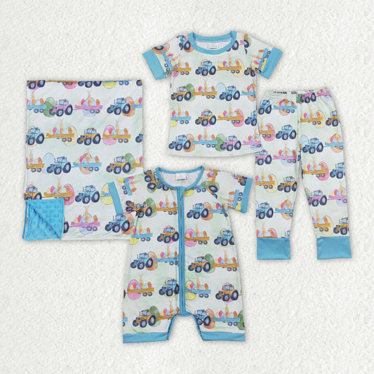 Sibling Baby Boys Easter Tractor Eggs Rompers Blankets Outfits Suits