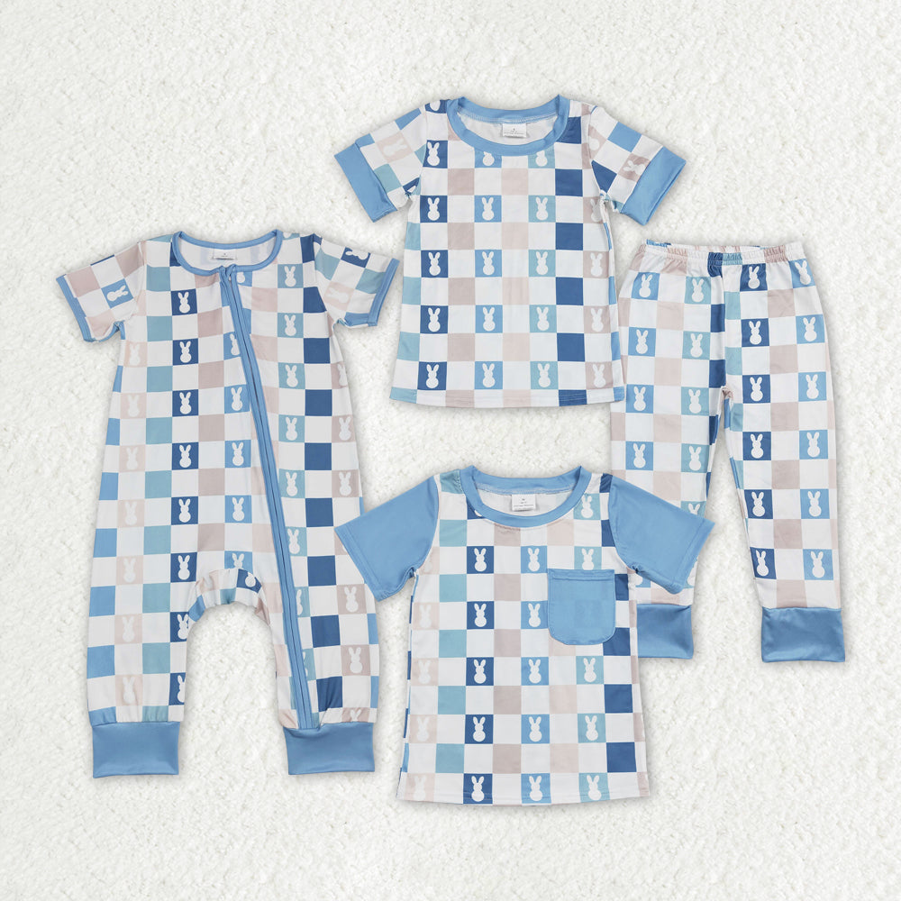 Sibling Baby Boys Blue Checkered Rabbits Rompers Pajamas Outfits Sets