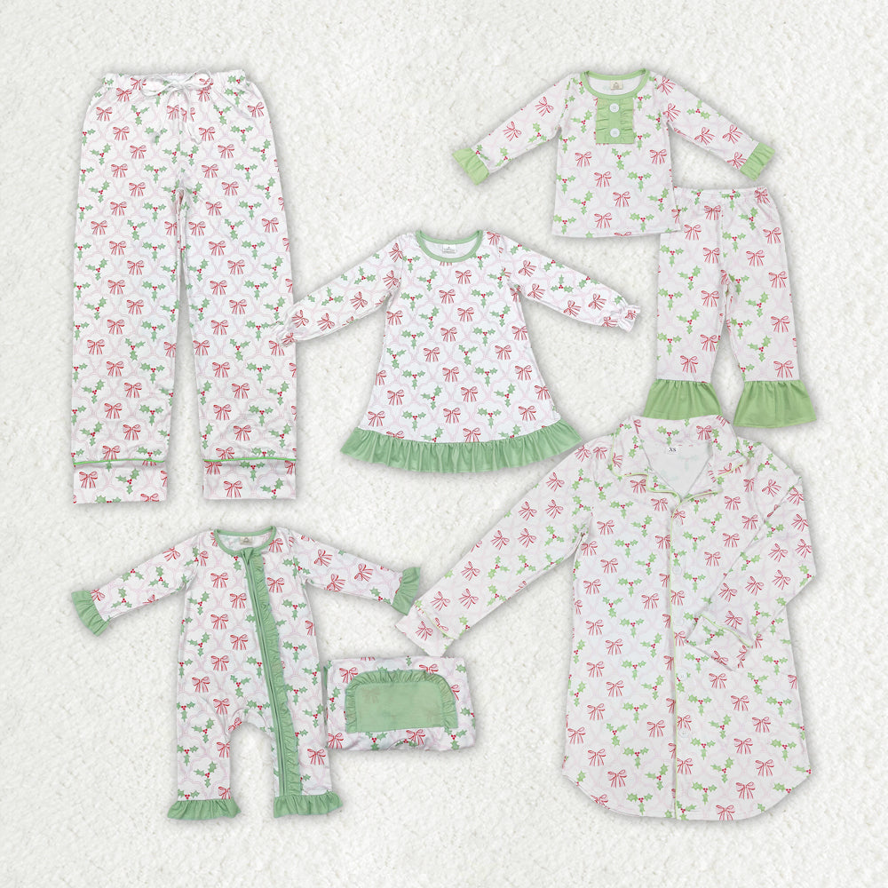 Family Mommy Baby Girls Christmas Bows Holly Pajamas Clothes Sets