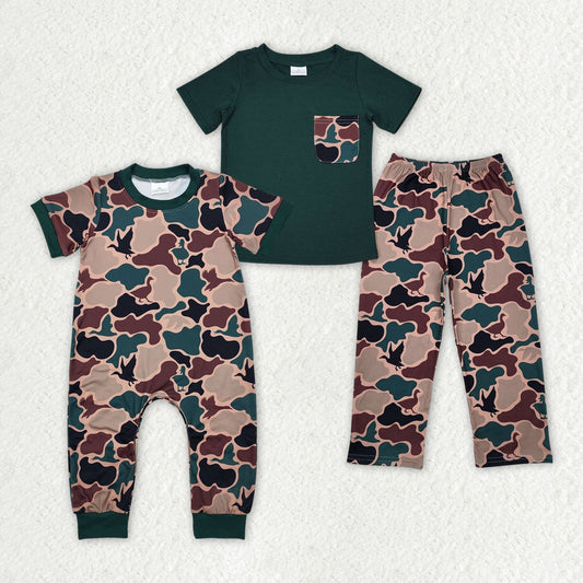 Sibling Baby Boys Dark Green Pocket Top Duck Camo Rompers Clothes Sets