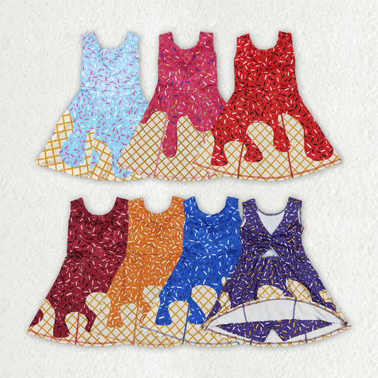 7 Colors Sibling Baby Girls Ice-cream Drip Sprinkles Yoga Skort Knee Length Dresses