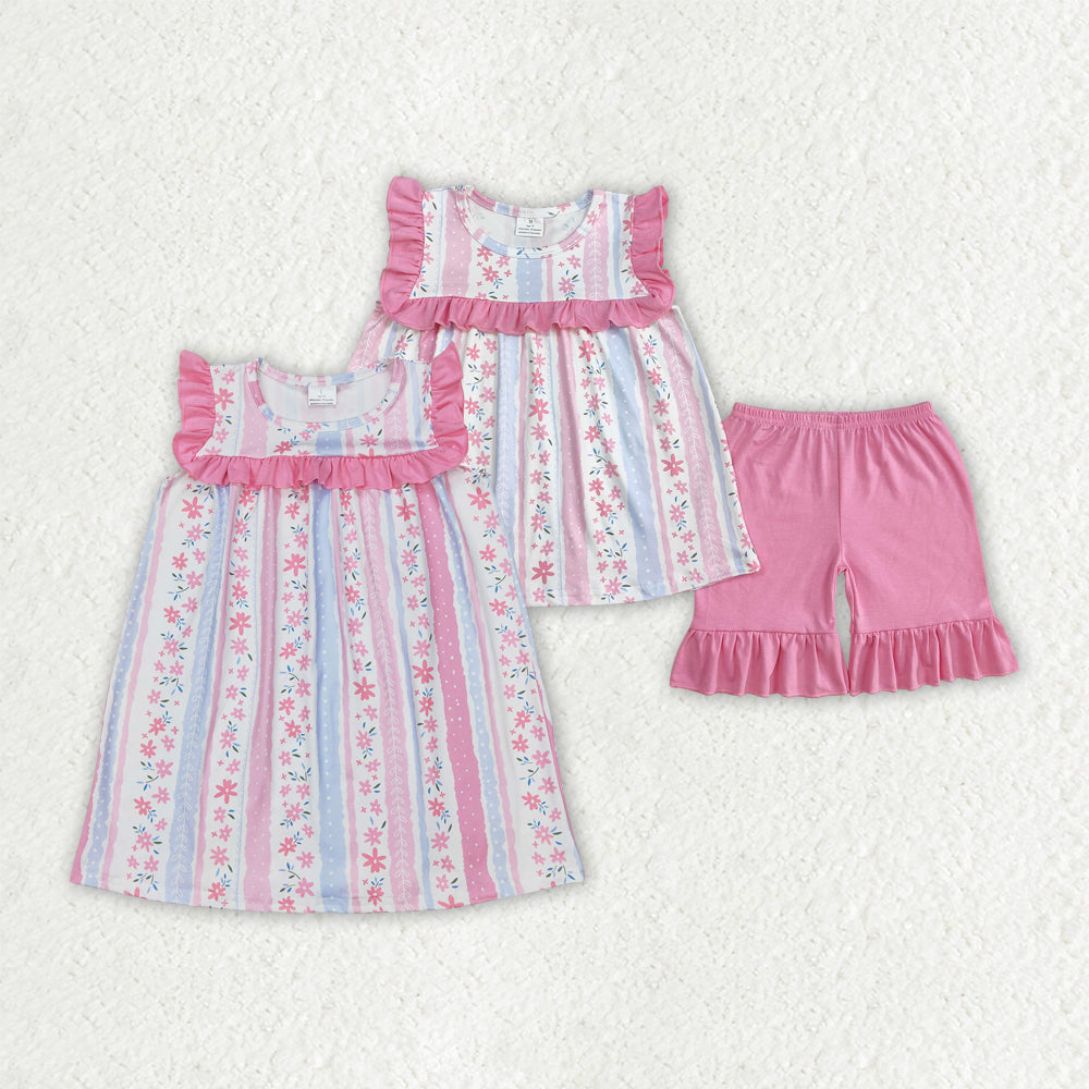 Sibling Baby Girls Pink Flowers Dresses Outfits Sets