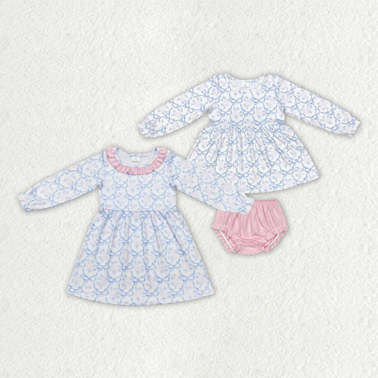 Sibling Girls Blue Bows Flowers Bummie Clothes Dresses