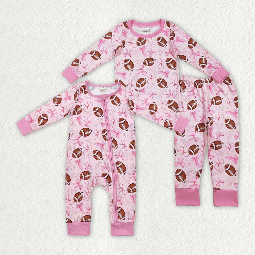 Sibling Baby Girls Pink Football Bows Rompers Pajamas Clothes Sets
