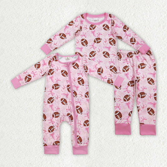 Sibling Baby Girls Pink Football Bows Rompers Pajamas Clothes Sets