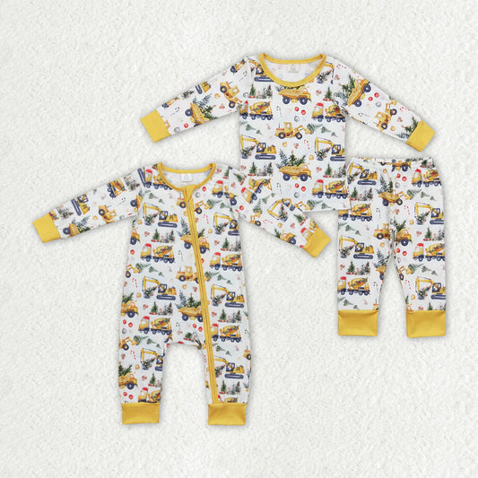 Baby Boys Digger Christmas Tree Bamboo Rompers Pajamas Clothes Sets