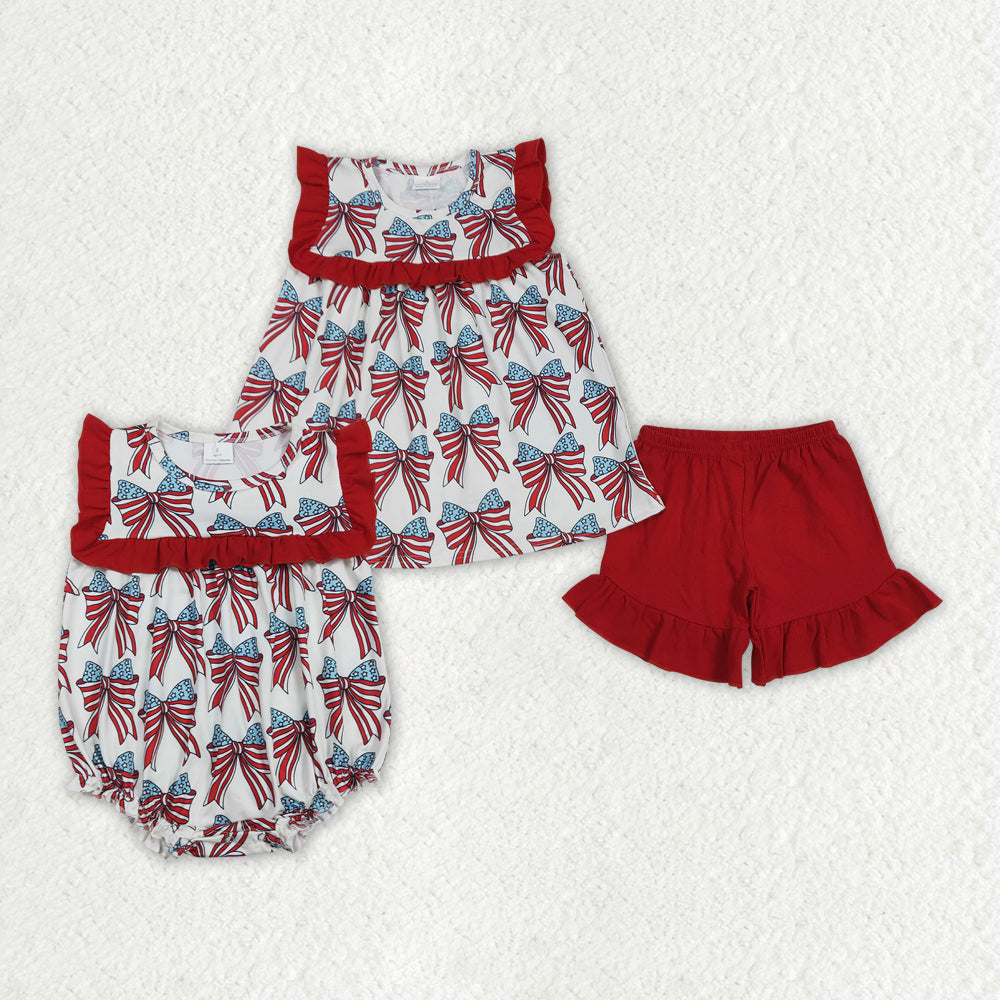Sibling Baby Girls 4th Of July Coquette Bows Rompers Sets