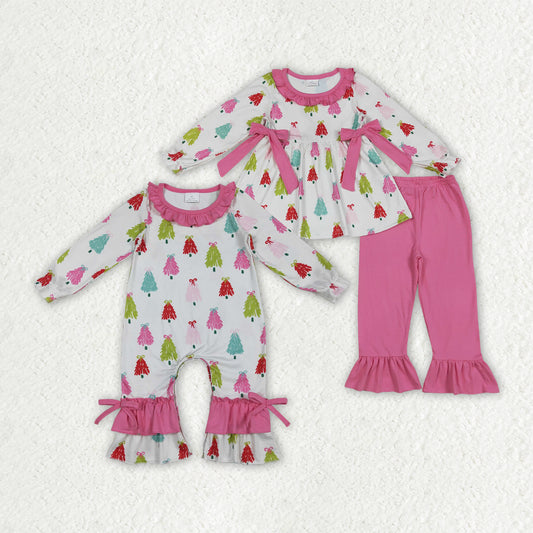 Sibling Baby Girls Christmas Bows Trees Rompers Outfits Sets