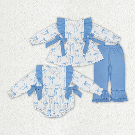 Sibling Baby Girls Blue Bows Rompers Clothes Sets