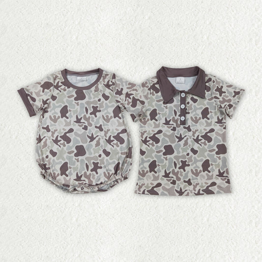 Sibling Baby Boys Khaki Ducks Camo Button Rompers Shirts