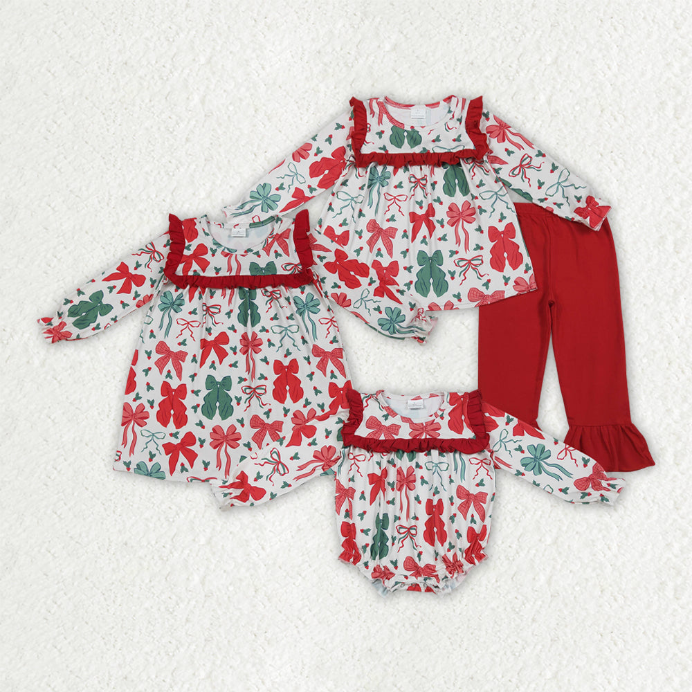 Sibling Baby Girls Christmas Red Green Bows Rompers Dresses Outfits