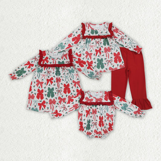 Sibling Baby Girls Christmas Red Green Bows Rompers Dresses Outfits