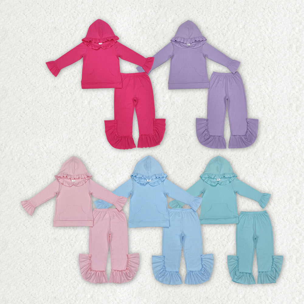 5 Colors Cotton Sibling Baby Girls Hooded Ruffle Top Bell Pants Clothes Sets