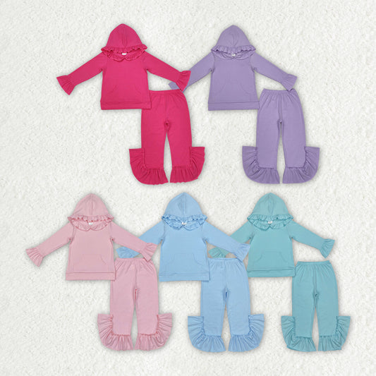 5 Colors Cotton Sibling Baby Girls Hooded Ruffle Top Bell Pants Clothes Sets