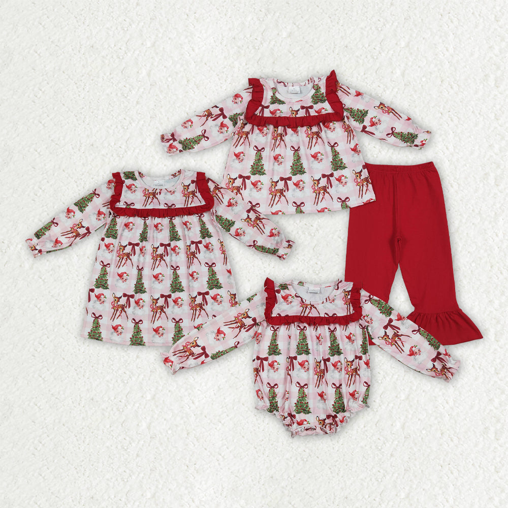 Sibling Baby Girls Red Long Sleeves Santa Trees Rompers Dresses Outfits