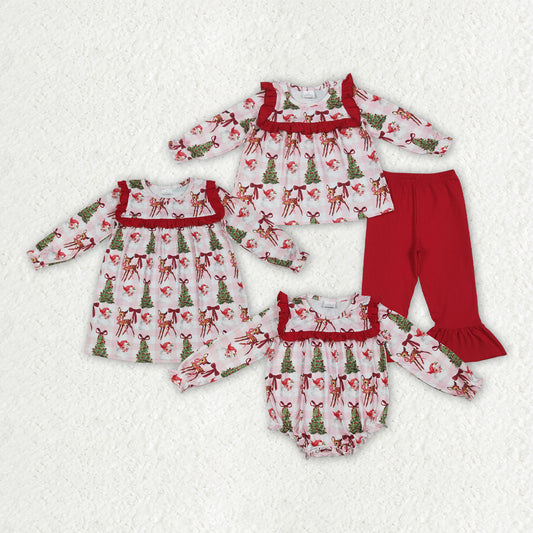 Sibling Baby Girls Red Long Sleeves Santa Trees Rompers Dresses Outfits