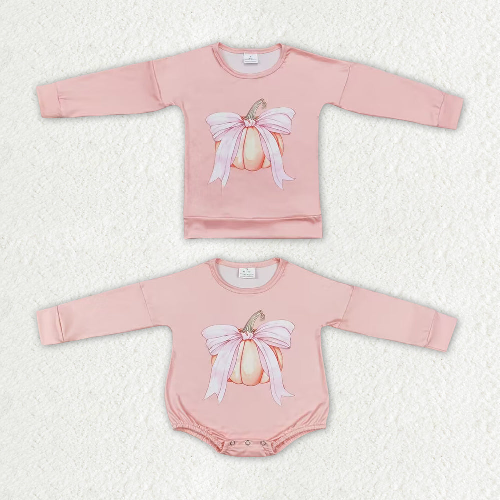 Baby Girls Pink Pumpkin Bow Sibling Sister Shirt Rompers