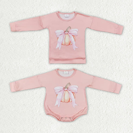 Baby Girls Pink Pumpkin Bow Sibling Sister Shirt Rompers