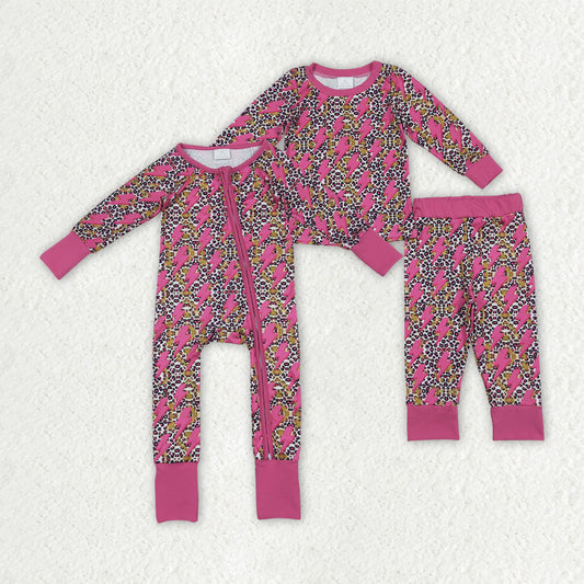 Sibling Baby Girls Western Pink Lightning Leopard Rompers Pajamas