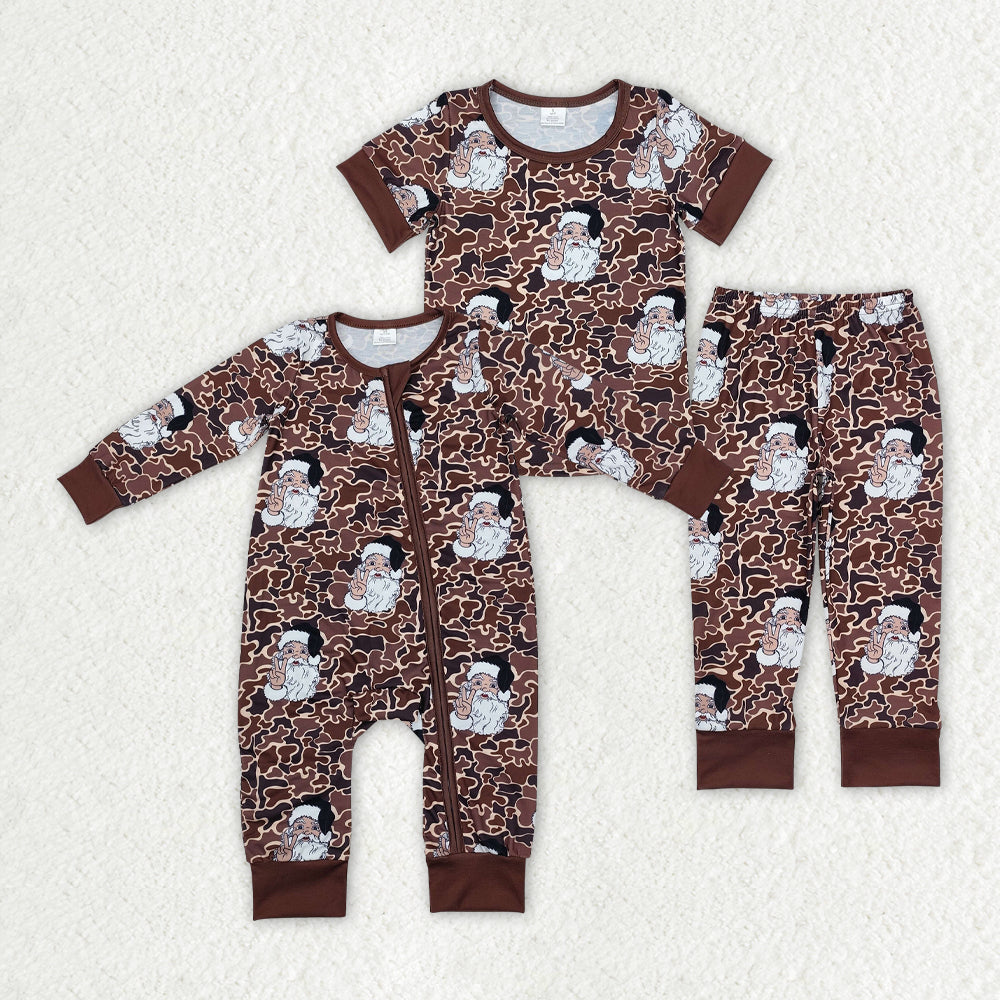 Sibling Brother Boys Christmas Camo Santa Bamboo Pajamas Rompers