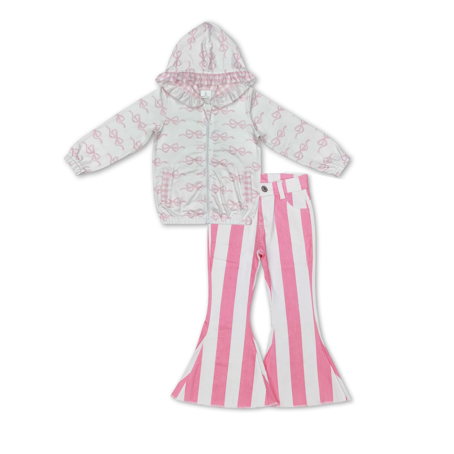 Baby Girls Spring Bows Pink Hooded Zip Pullovers Stripes Bell Denim Jeans Clothes Sets