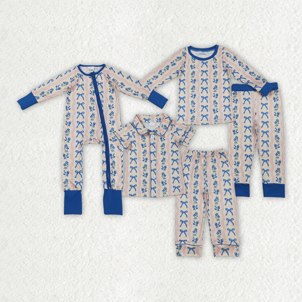 Sibling Baby Girls Blue Bows Flower Stripe Rompers Pajamas Sets