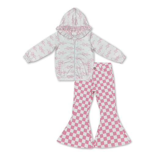 Baby Girls Pink Bows Zip Pockets Hooded Jackets Checkered Bell Denim Jeans Clothes Sets