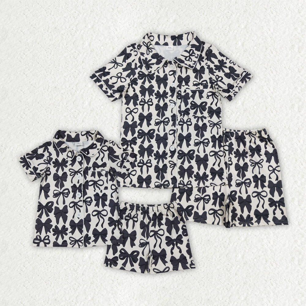 Mommy and Me Baby Girls Black Bows Button Pocket Top Short Pajamas Sets