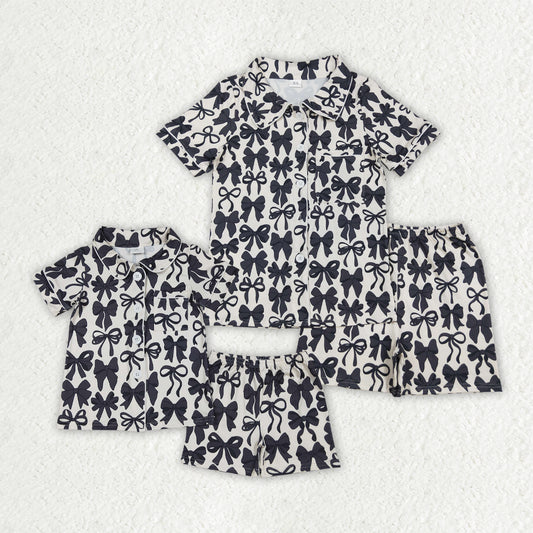 Mommy and Me Baby Girls Black Bows Button Pocket Top Short Pajamas Sets