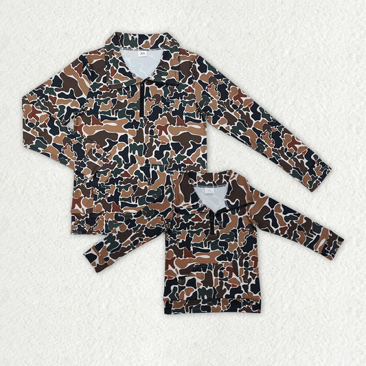 Mommy and Me Baby Boys Dark Brown Camo Zip Pocket Pullovers Tops