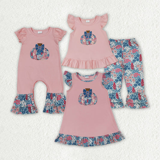 Sibling Embroidery Baby Girls Pink Floral Pumpkin Rompers Dresses Outfits