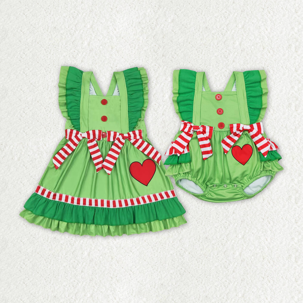 Baby Girls Christmas Green Hearts Bows Rompers Sibling Dresses