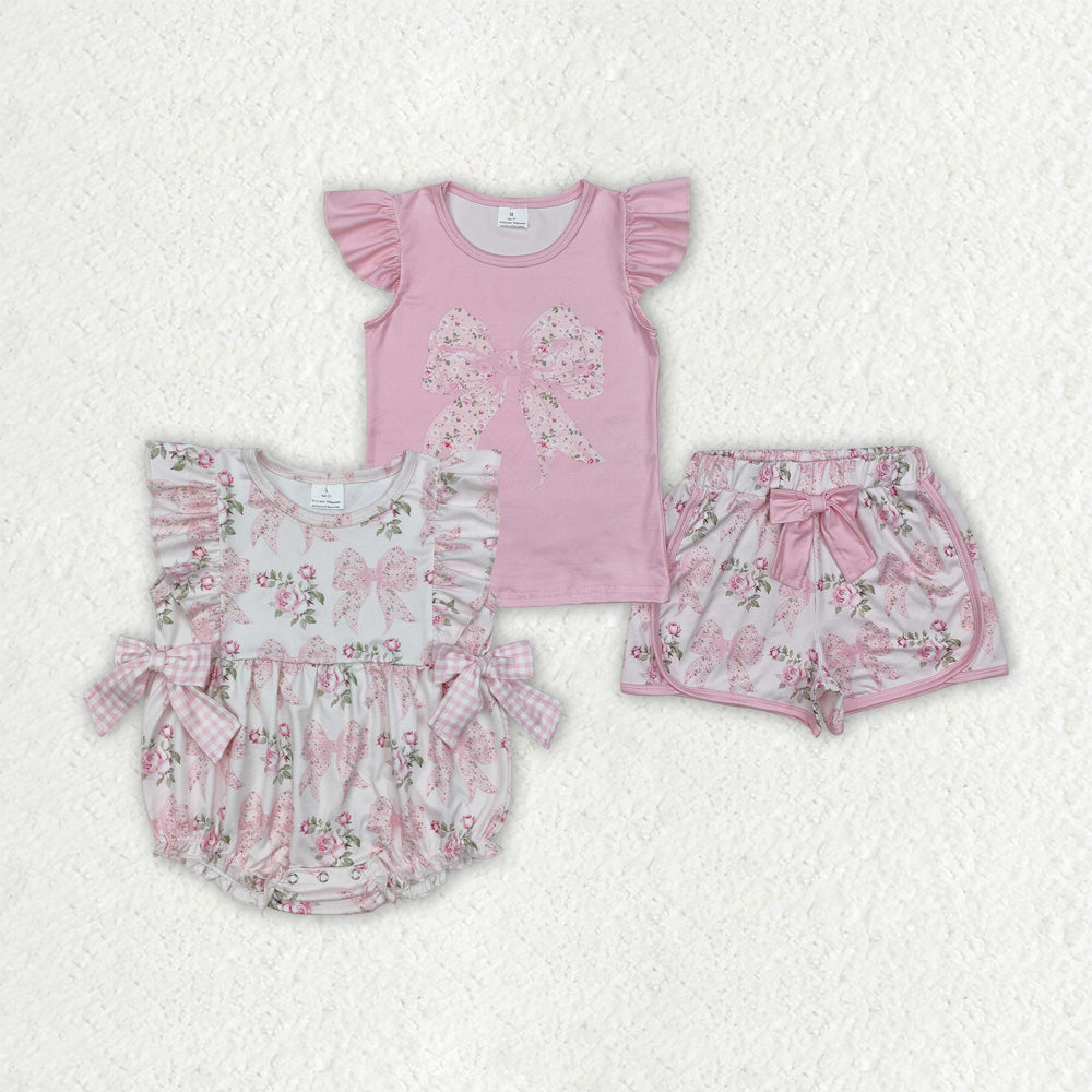 Sibling Baby Girls Pink Flowers Summer Rompers Outfits