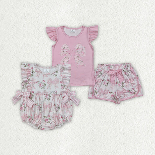 Sibling Baby Girls Pink Flowers Summer Rompers Outfits