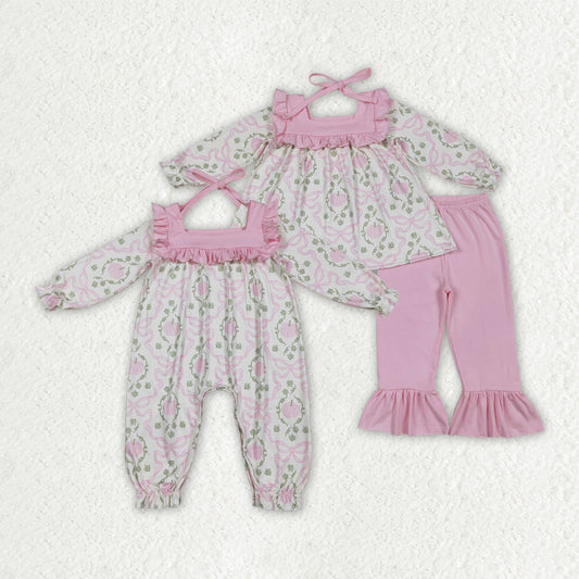 Sibling Baby Girls Pumpkins Bows Rompers Outfits Sets