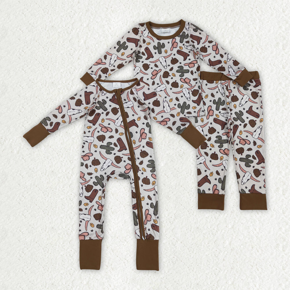 Sibling Baby Boys Western Bull Skull Cactus Rompers Pajamas Clothes Sets