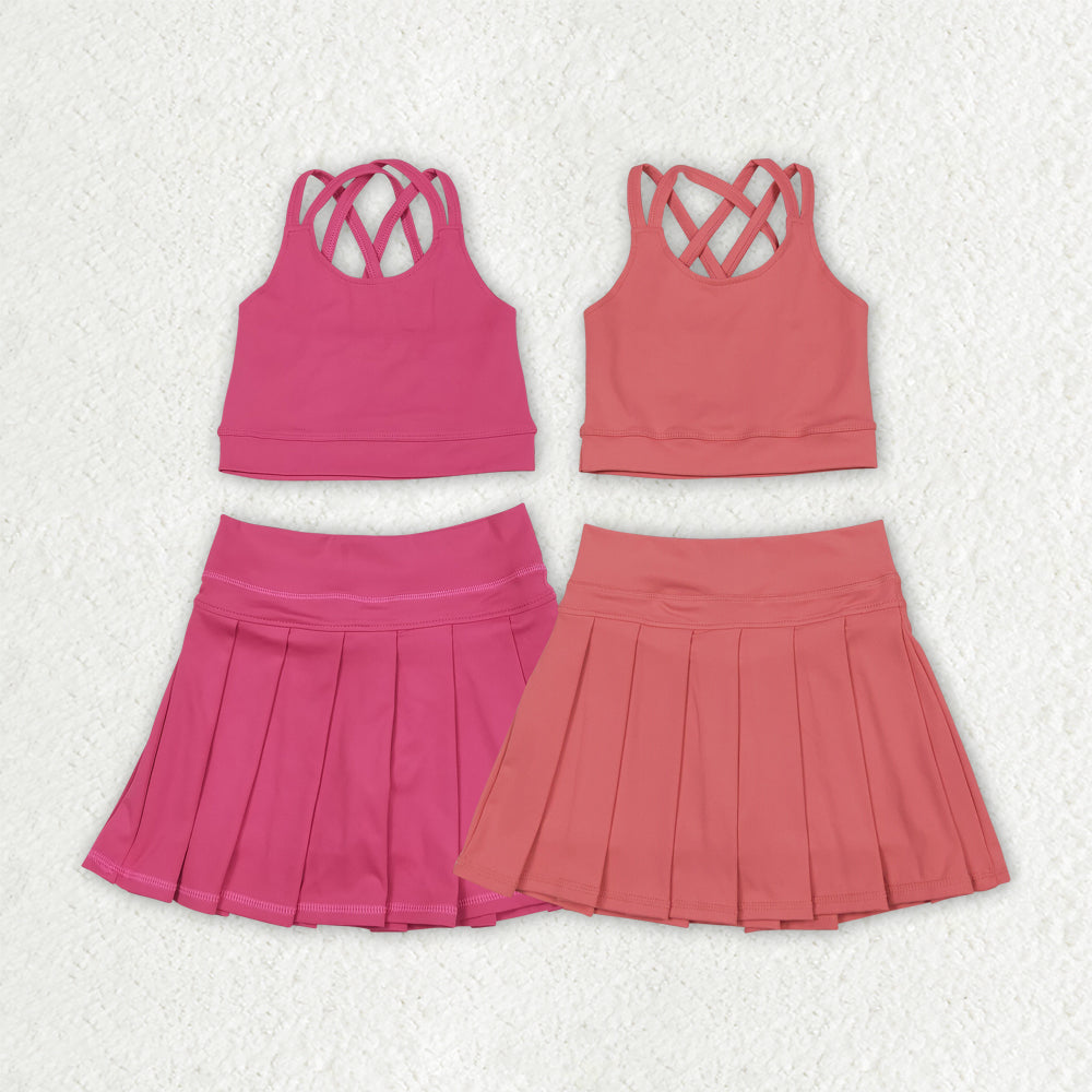 2 Colors Baby Girls Pink Strap Vest Top Pleated Skort Yoga Sets