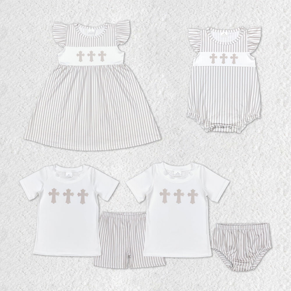 Sibling Boys Baby Girls Grey Stripes Easter Cross Sets Dresses