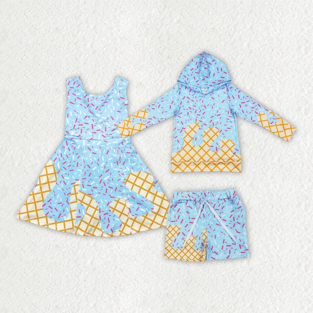 Sibling Baby Girls Boys Blue Ice-cream Drip Shorts Dresses Shirts