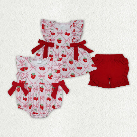 Sibling Baby Girls Strawberry Bows Rompers Clothes Sets