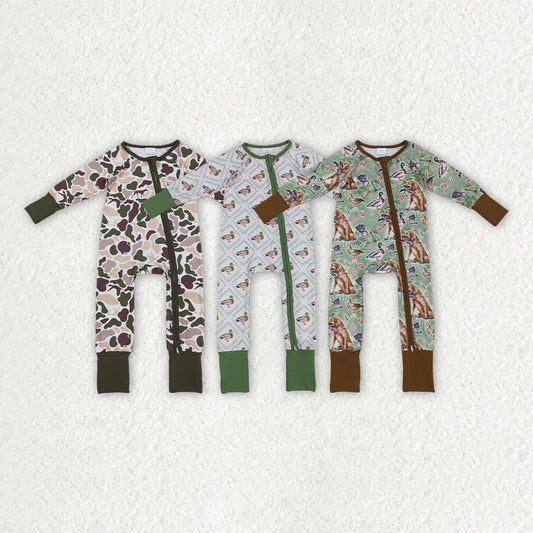 Sibling Baby Boys Ducks Hunting Season Camo Southern Zipper Footie Rompers