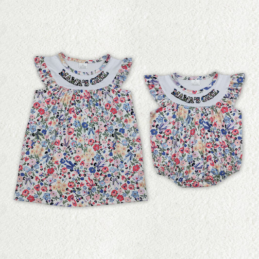 Sibling Baby Girls Mama's Girl Blue Flowers Rompers Dresses Suits